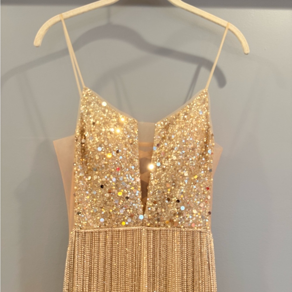 Jovani Gold Sequin Fringe Mini Tassle Dress with V-Neck *UNICORN* - Picture 14 of 17